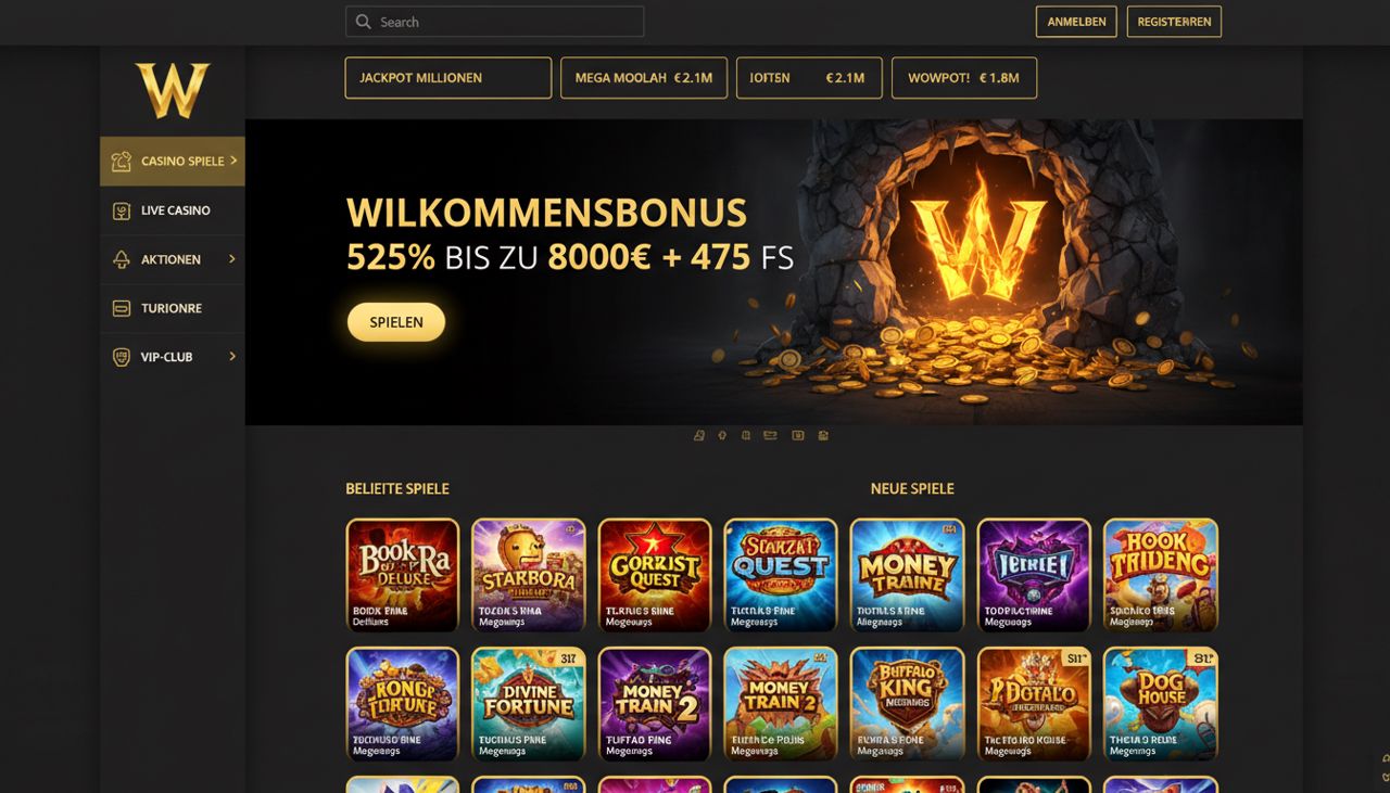 Startseite von Winhero mit Willkommensbonus-Banner und Auswahl an Spielautomaten