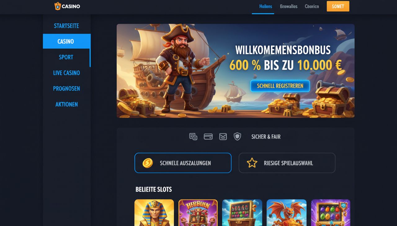 Startseite von Smashcasino mit Menü, Aktionsbanner und Slot-Übersicht